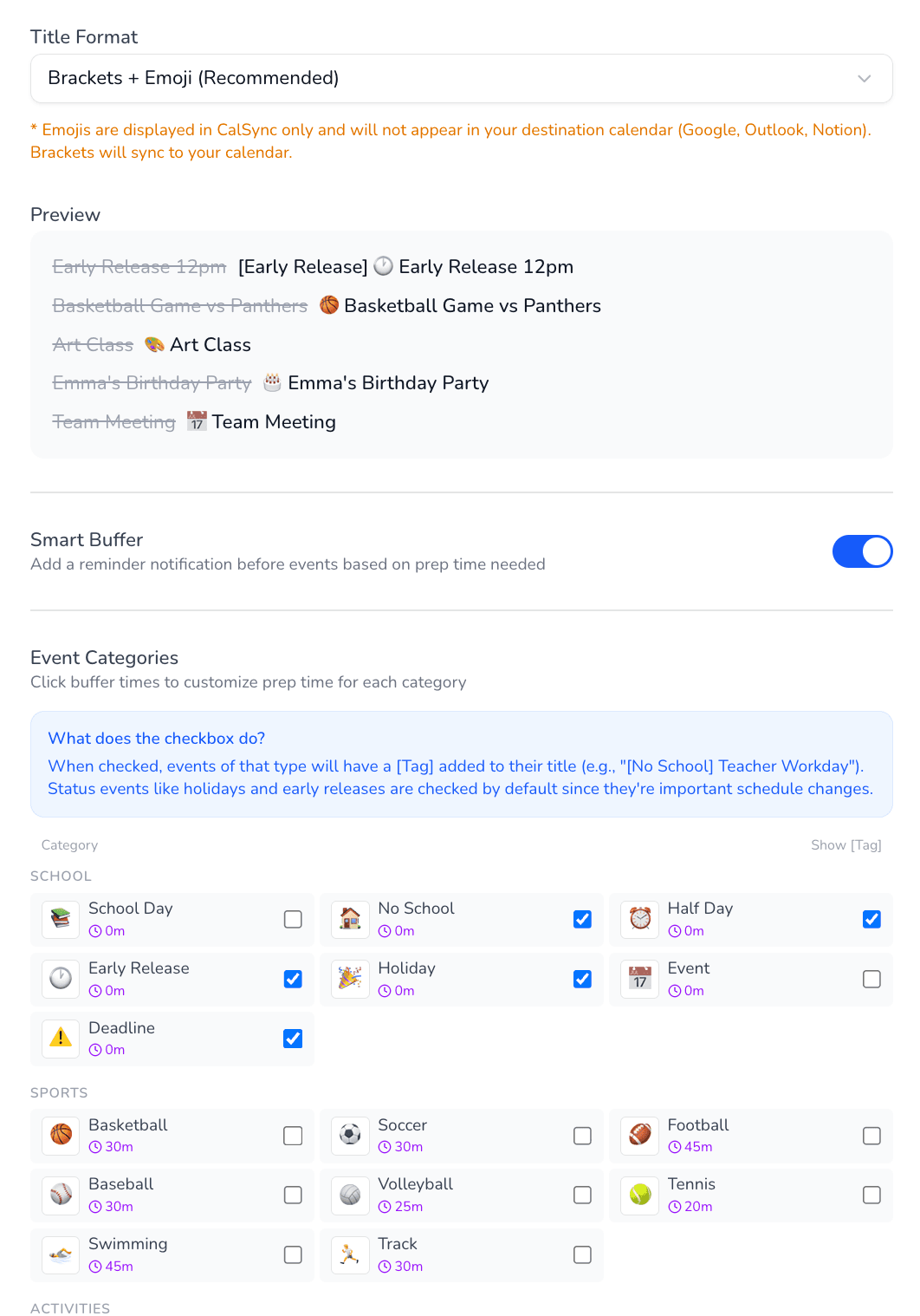 Settings page showing emoji customization and event categories