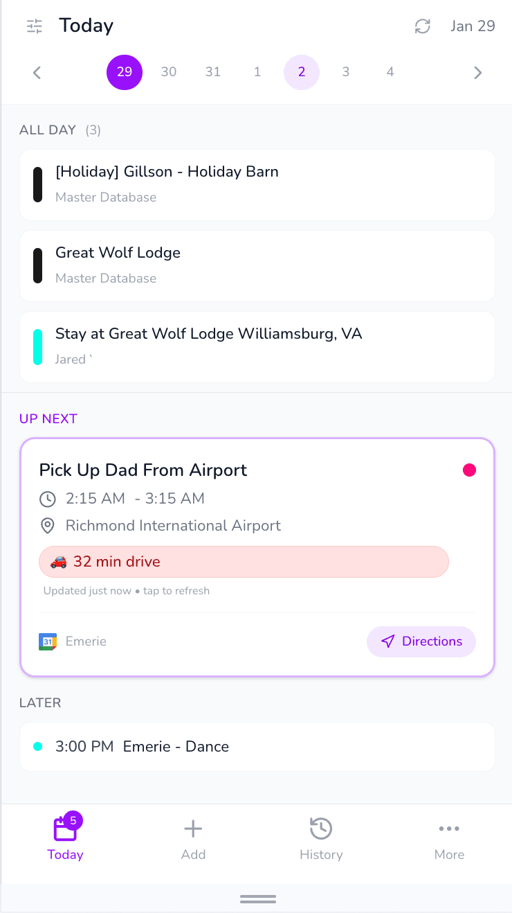 Mobile today view with travel time