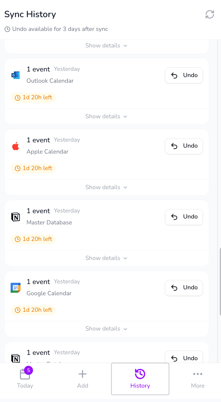Sync history showing all calendar syncs with undo option